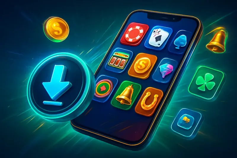 Glossy smartphone casino app banner with neon download symbol and glowing tiles