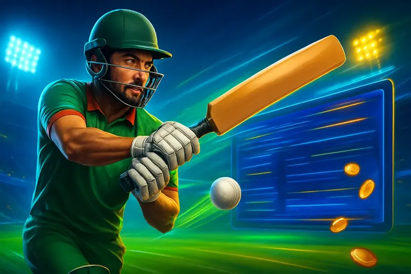 Cricket Sportsbook Action Cricket batter striking ball under stadium lights in dynamic sportsbook banner
