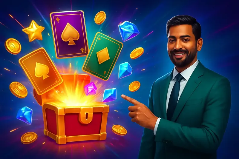 Glowing reward chest with cards, gems, coins, and stars bursting outward