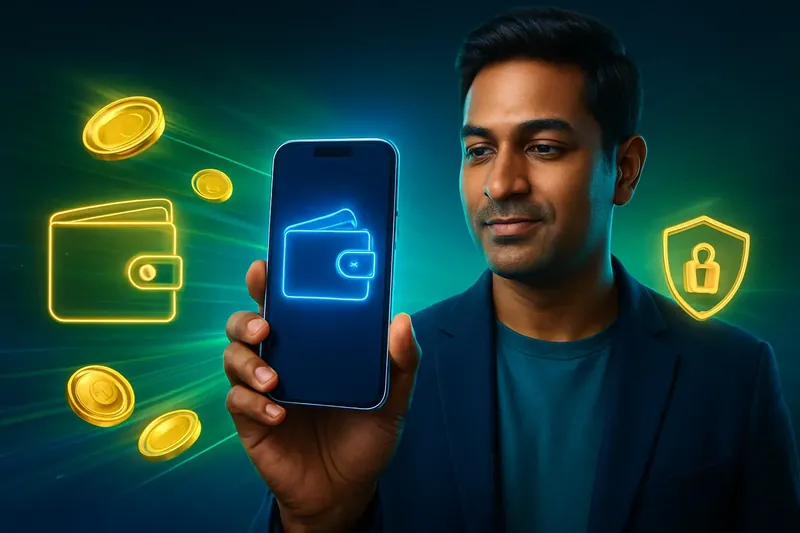 Hand holding smartphone with secure mobile wallet, coins, and speed light trails