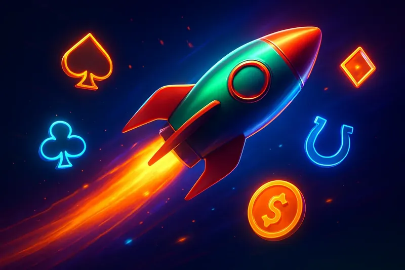 Glossy 3D rocket launch casino banner with neon speed trails