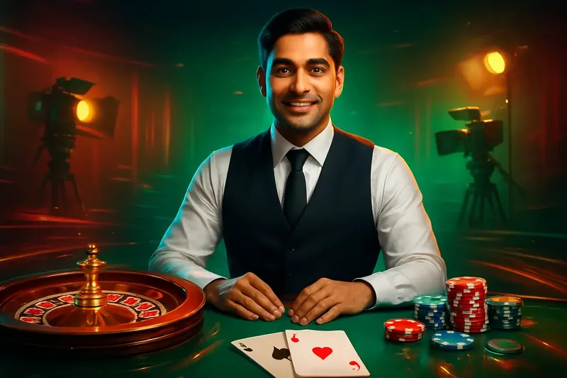 Live Dealer Banner Friendly professional live dealer with roulette, cards, chips, and studio lights