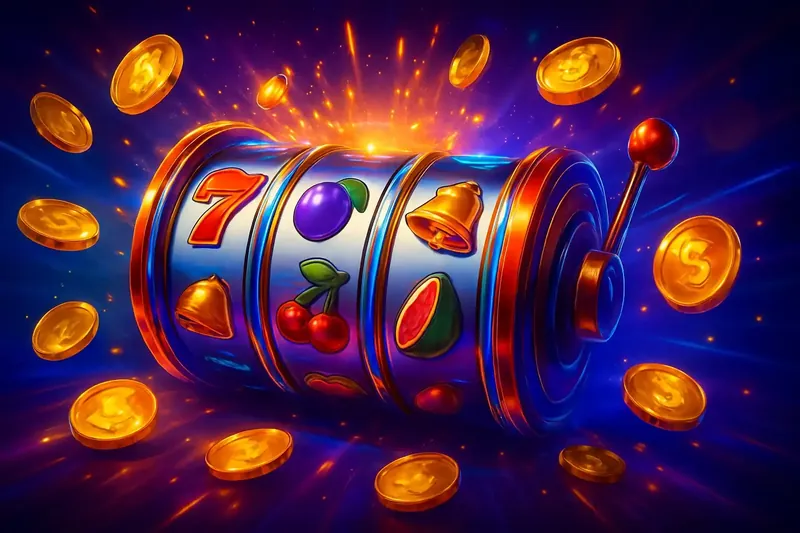 Colorful spinning slot machine banner with coins, sparkles, and neon glow